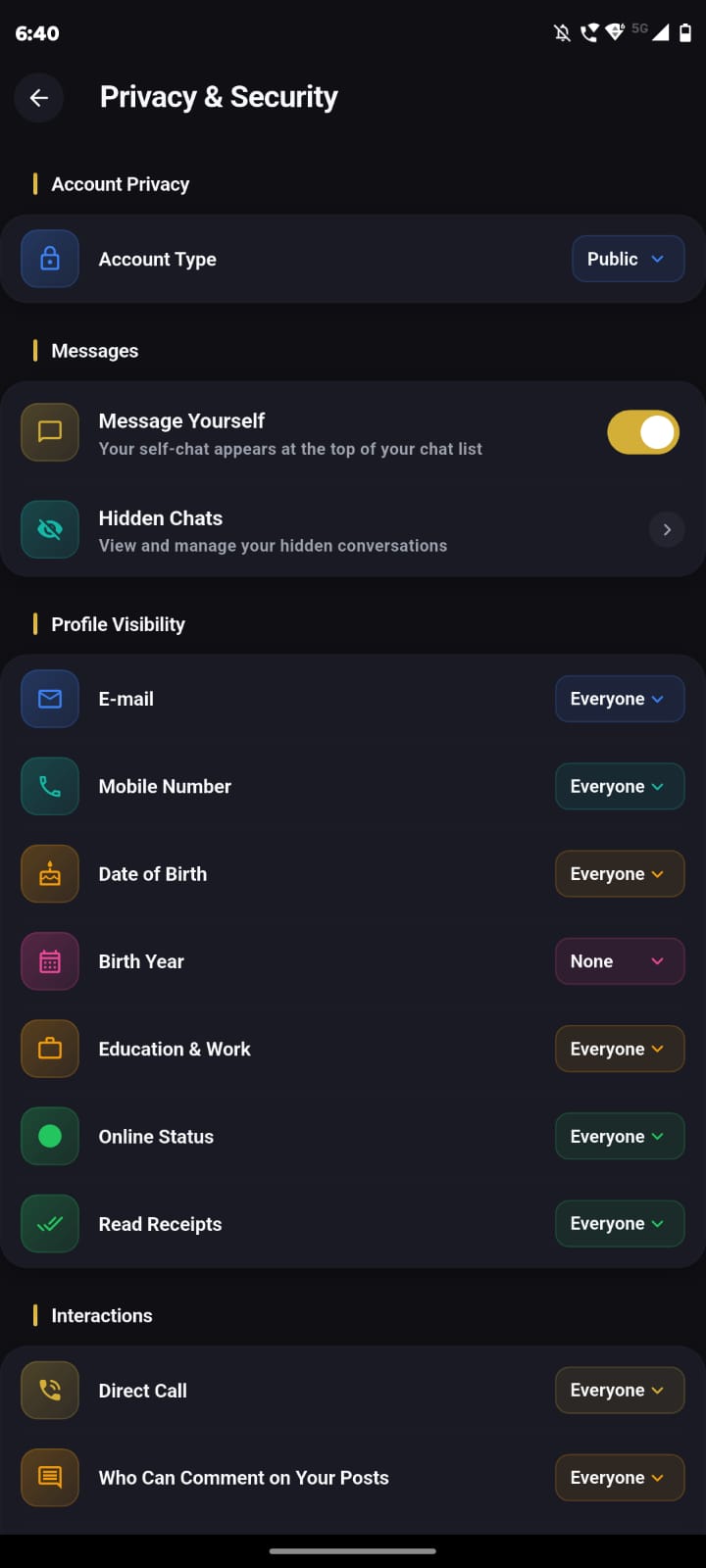Klluster privacy and security controls screenshot